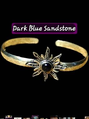 Gold Sunflower Cuff Bracelet with Dark Blue Stone